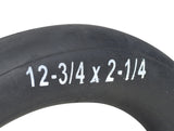 12-1/2x2-1/4 Bicycle Inner Tube with 70 Degree Angled Valve Stem, featuring white text on a black tire surface, ideal for replacing old bike inner tubes.