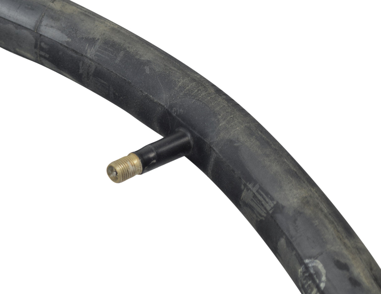 Close-up of a 24x1-3/8 Bicycle Inner Tube with a Straight Valve, highlighting the valve and textured rubber surface, ideal for replacing old bike tubes.