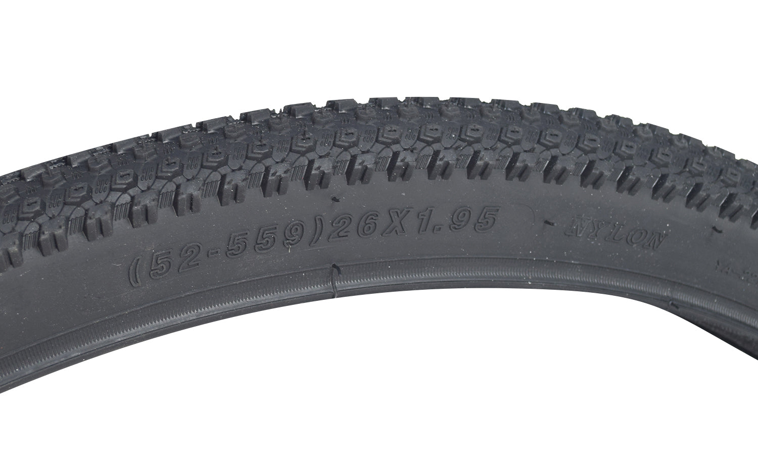 26X1.95 (52-559) Lida Bicycle Tire with Knobby Tread, showing detailed tread design suitable for both pavement and dirt trails. The close-up highlights the tire's robust, mildly knobby surface.