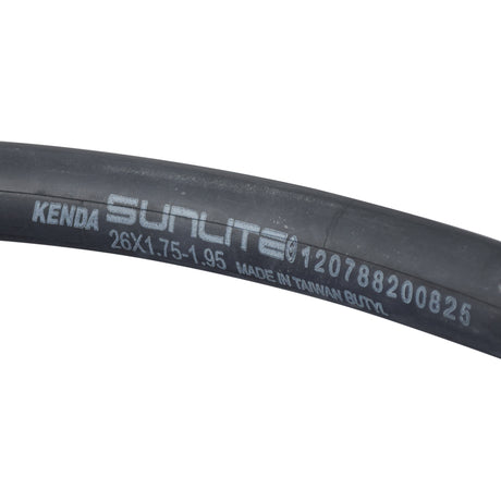 26x1.75-1.95 Inner Tube with Straight Valve for the Schwinn Shuffle Adult Kick Scooter, shown as a black tube with white text detailing the specifications.