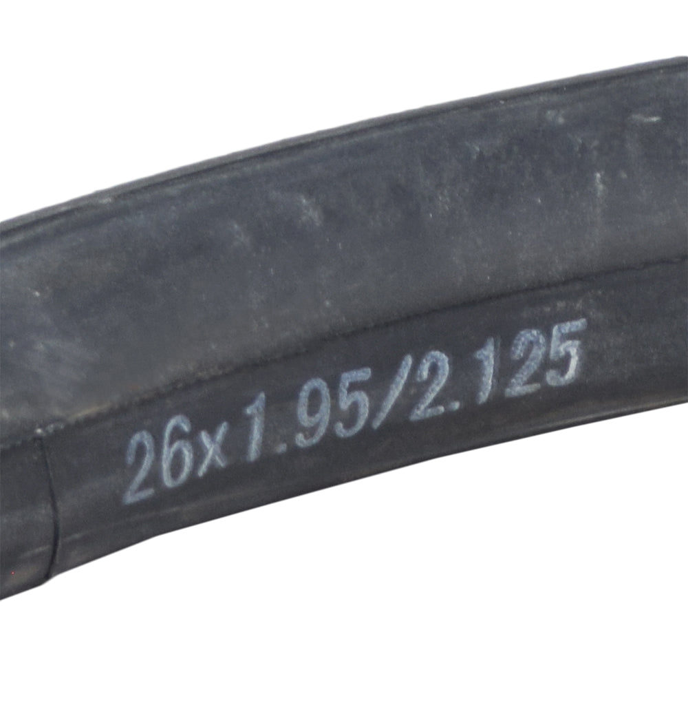 26x2 Bicycle Inner Tube for the Schwinn Meridian 26 Trike, featuring a black rubber tube with white text and a straight Schrader valve, ideal for replacing old pneumatic tubes.