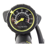 Close-up of the Air Surge Comp Lite Floor Pump with Gauge, showcasing the precise gauge for accurate tire pressure measurement, ideal for bicycles and scooters.