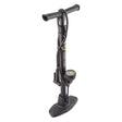 Air Surge Comp Lite Floor Pump with Gauge; a black tool ideal for bikes and scooters, featuring a built-in gauge for precise air pressure monitoring.