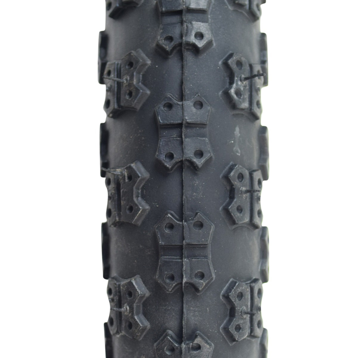 Close-up of a 12-1/2x2-1/4 MX3 Bicycle Tire, showcasing its detailed tread pattern, indicating durability and quality for bike replacements.