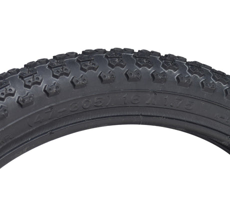 Close-up of the 16x1.75 MX3 Bicycle Tire by Sunlite, showcasing detailed tread patterns, ideal for replacing old bike tires.