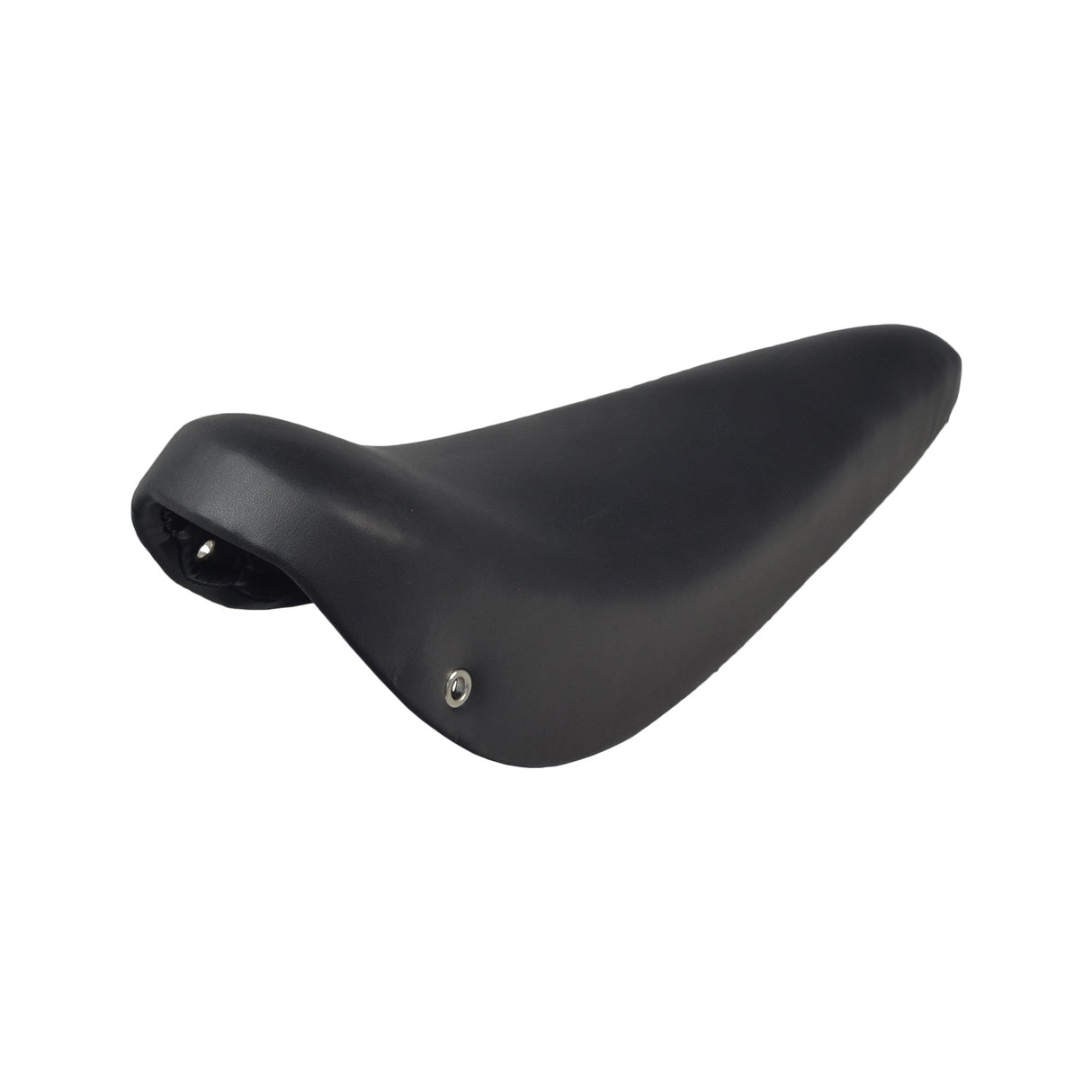 Retro Banana Polo Saddle Seat for Bikes & Scooters with a black surface, screw on the side, and metal rivets, perfect for vintage or lowrider bike restoration.