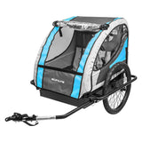 Trailer Tot Hard Shell Deluxe Bike Trailer with cover, two seats, heavy-duty steel floor, 20 alloy wheels, and side bumper guards, ideal for carrying children or converting to a cargo trailer.