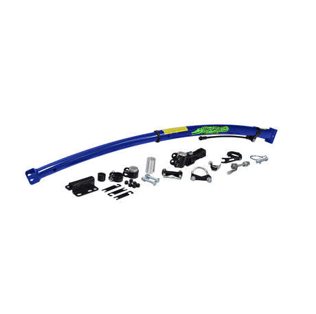 Red Trail Gator Trailer Bike Tow Bar: a blue and black metal tow bar with visible parts and screws, designed to connect a child's bike to an adult bike for tandem riding.