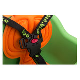 Close-up of the iBert Safe-T-Seat Baby Seat for Bikes, showing a secure black and green strap on the orange seat, designed for toddler safety and comfort during bike rides.