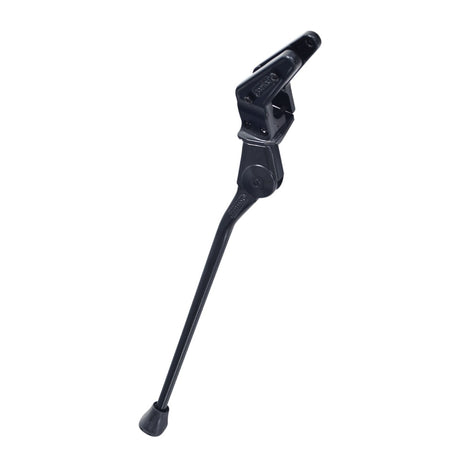 Black Alloy Rear Mount Bicycle Kickstand from Greenfield, featuring a black metal stand with a black handle, designed for stability and available in two lengths suitable for various bike frames.