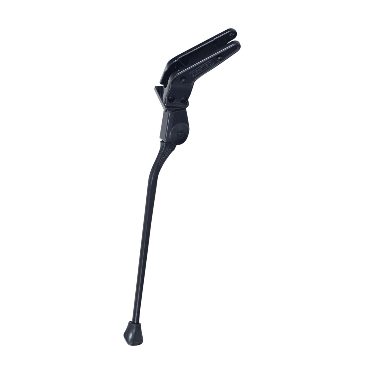 Black Alloy Rear Mount Bicycle Kickstand with a black handle and metal arm, shown upright. Available in 285 mm and 305 mm lengths, ideal for off-road and law enforcement bikes.