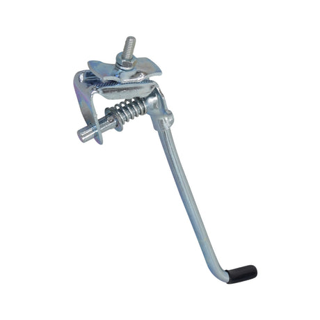 Universal Center Mount Kickstand: A close-up of the Wald metal bike stand with a black handle, featuring a sturdy spring and bolt mechanism for reliable bike support.