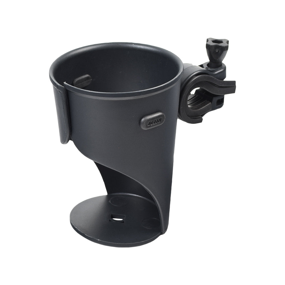 Delta Holdits Grande Expanding Beverage Holder, a black plastic cup holder with a handle, designed for mounting on handlebars to securely grip various beverage containers up to 24oz with adjustable angles.