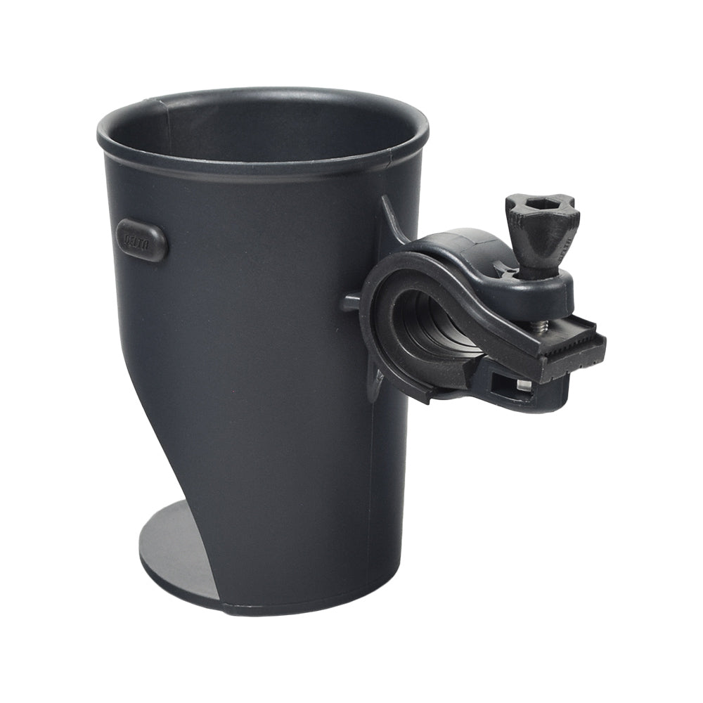 Delta Holdits Grande Expanding Beverage Holder, a black cylindrical cup holder with an adjustable handle, designed to secure various beverage containers on standard handlebars.