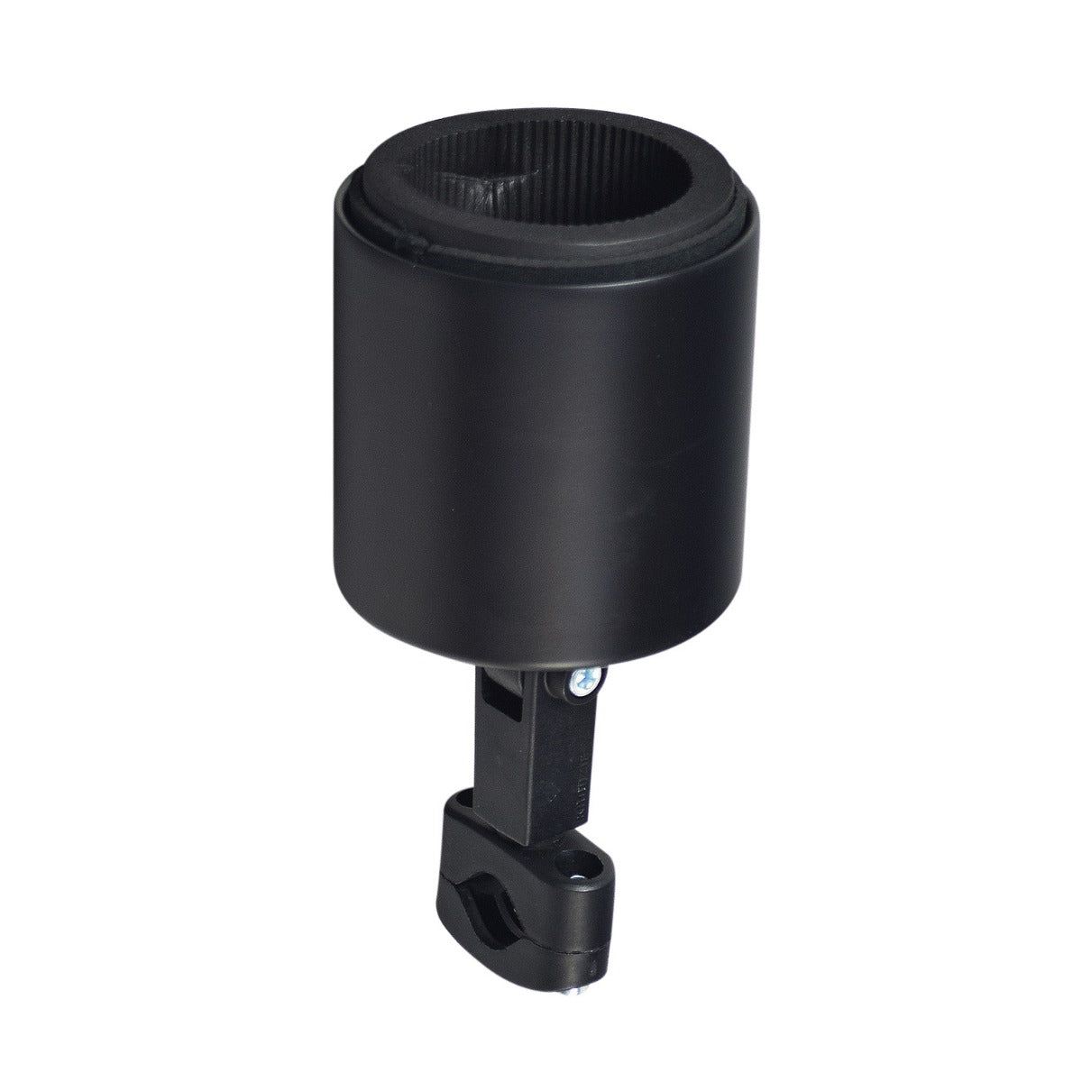 Kroozer Cups Kroozie XL Black Cup Holder for Bikes & Scooters, featuring a sturdy black cylinder design with a thicker handlebar mount and double-wall construction, perfect for holding various beverage sizes.