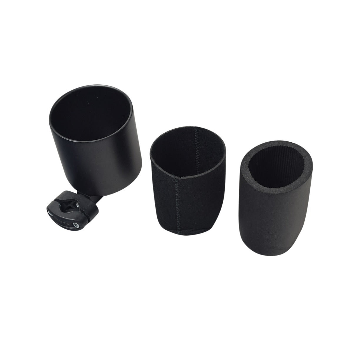 Kroozer Cups Kroozie XL Black Cup Holder for Bikes & Scooters; features a sturdy black handle, powder-coated stainless steel finish, and foam inserts to securely hold various cup sizes from 12 to 42 oz.