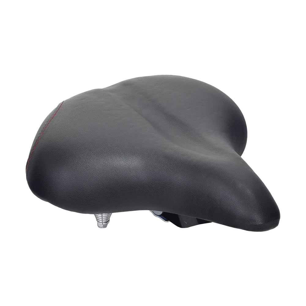 Deluxe Saddle Seat for Adult Trikes features a padded black top with red stitching, steel base, and coil spring suspension, ideal for replacing worn seats on trikes like the Schwinn Meridian.