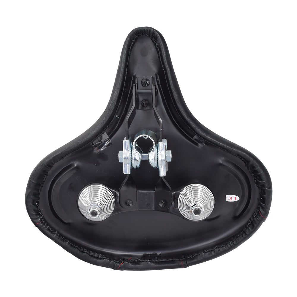 Deluxe Saddle Seat for Adult Trikes: a close-up of a black bicycle seat with metal bolts and screws, padded top, red stitching, steel base, coil spring suspension, and flat rails.