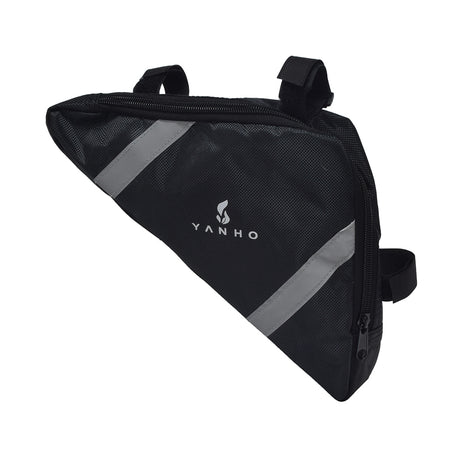 Frame Mount Triangular Bicycle Storage Bag with a grey stripe, designed to attach to your bike's top tube and seat tube, offering weather-resistant storage for small essentials.