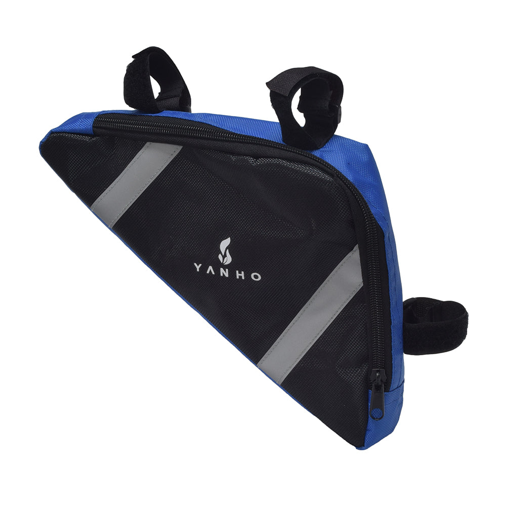 Frame Mount Triangular Bicycle Storage Bag securely attaches to the bike's top tube and seat tube with hook & loop straps, featuring a weather-resistant polyester exterior and ample storage space with a zippered opening.