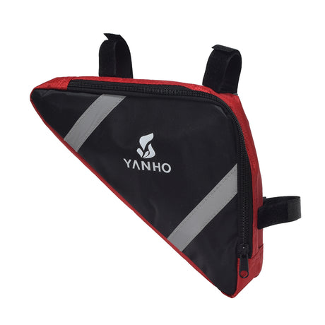 Frame Mount Triangular Bicycle Storage Bag securely attaches to your bike's frame, featuring a spacious zippered compartment ideal for storing small essentials.