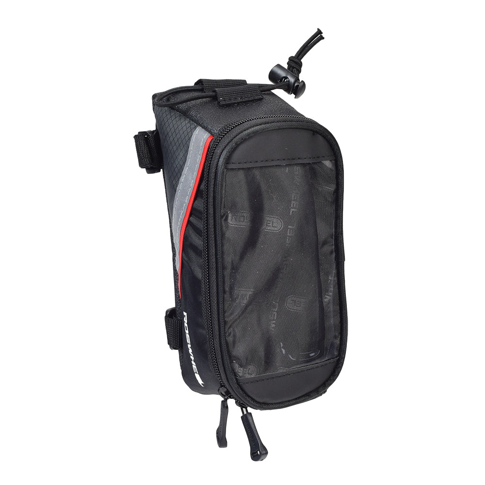 Weatherproof Top Tube Mount Smartphone Bag for Bikes with a red stripe, transparent PVC window, U-shaped double zipper, reflective strips, and ample storage space for essentials like wallet and keys.