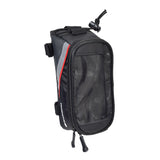 Weatherproof Top Tube Mount Smartphone Bag for Bikes with a red stripe, transparent PVC window, U-shaped double zipper, reflective strips, and ample storage space for essentials like wallet and keys.