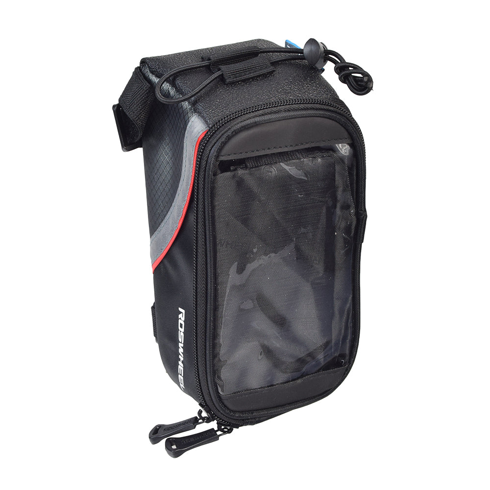 Weatherproof Top Tube Mount Smartphone Bag for Bikes featuring a transparent PVC window, red stripe, U-shaped double zipper, and reflective safety strips on both sides.