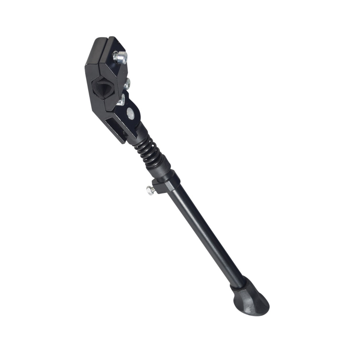 Black Alloy Adjustable Kickstand for 16, 20, & 24 Bikes, featuring a sturdy black base, metal stand with a spring, and a round mounting hole for easy installation.