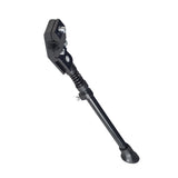 Black Alloy Adjustable Kickstand for 16, 20, & 24 Bikes, featuring a sturdy black base, metal stand with a spring, and a round mounting hole for easy installation.