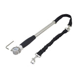 Hands Free Bicycle Dog Leash featuring a sturdy metal pole with a black strap, a clamp-on bar with a rubber insert, and a lanyard snap for secure attachment to the dog’s collar.