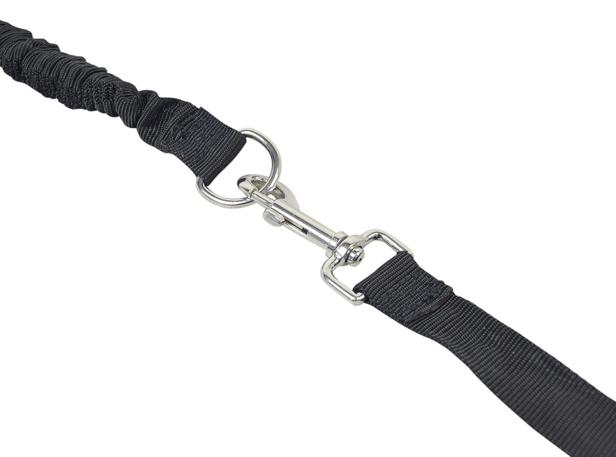 Hands Free Bicycle Dog Leash showing a black strap with a metal clasp, designed to attach under a bike saddle, enabling safe and tangle-free biking with your dog.