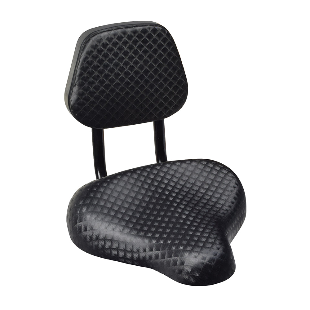 Bicycle Saddle Seat with Backrest (Blemished) featuring a black cushion and diamond-patterned upholstery. Ideal for beach cruisers and exercise bikes, minor dents or scratches may be present.