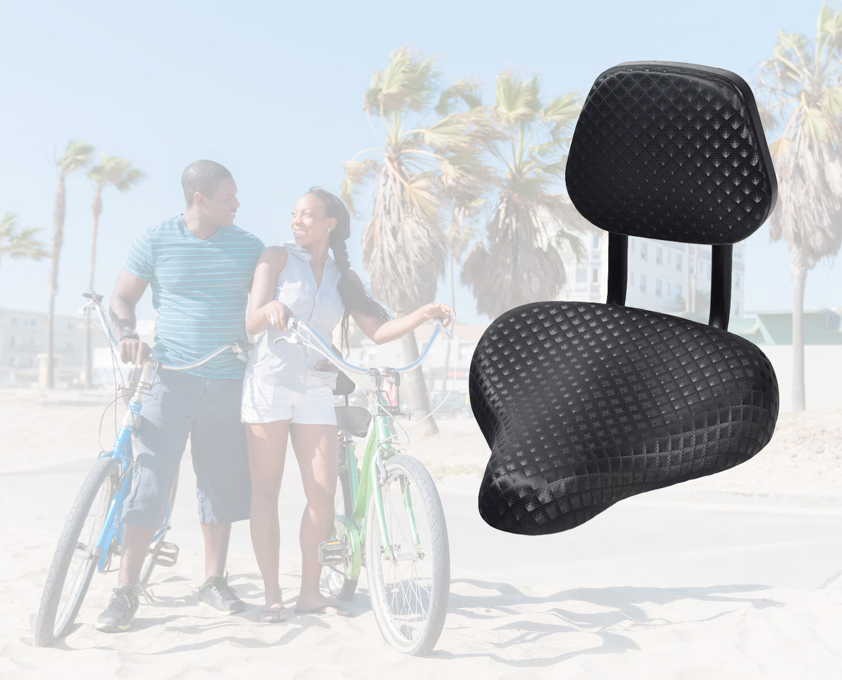 Bicycle Saddle Seat with Backrest: A man and woman stand next to bicycles, highlighting a black bicycle saddle seat with a supportive backrest designed for comfort and lumbar support.