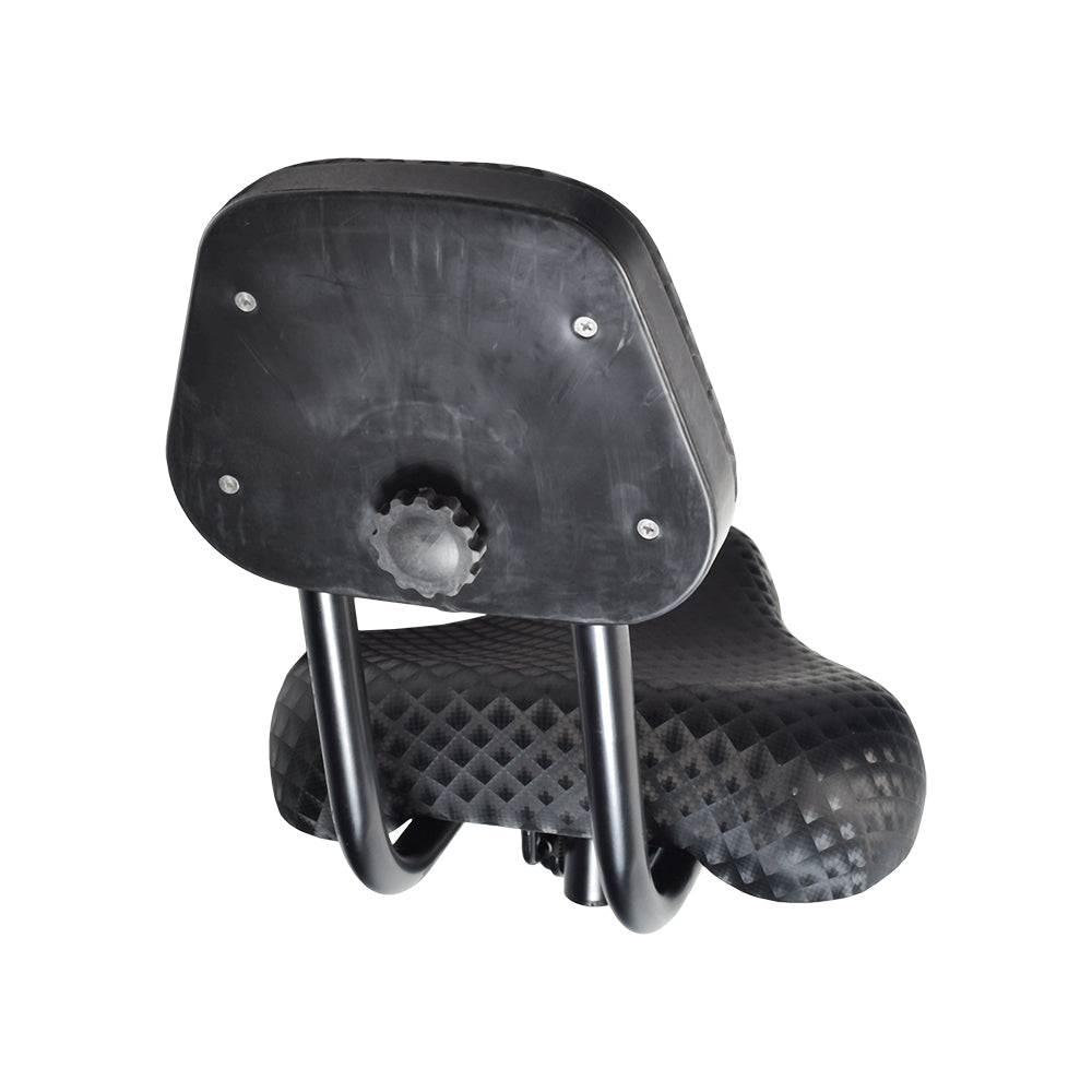 Bicycle Saddle Seat with Backrest (Blemished): Close-up of a black bicycle seat featuring a cushioned backrest designed for lumbar support, essential for beach cruisers, stationary bikes, and adult trikes.