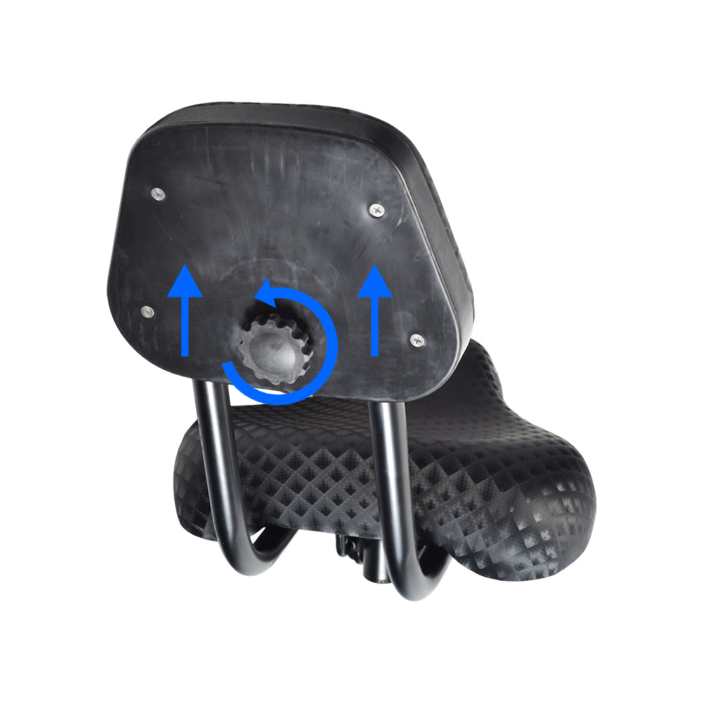 Bicycle Saddle Seat with Backrest (Blemished) featuring a supportive backrest and ergonomic design, ideal for beach cruisers, exercise bikes, and adult trikes. Blue arrows indicate key features.