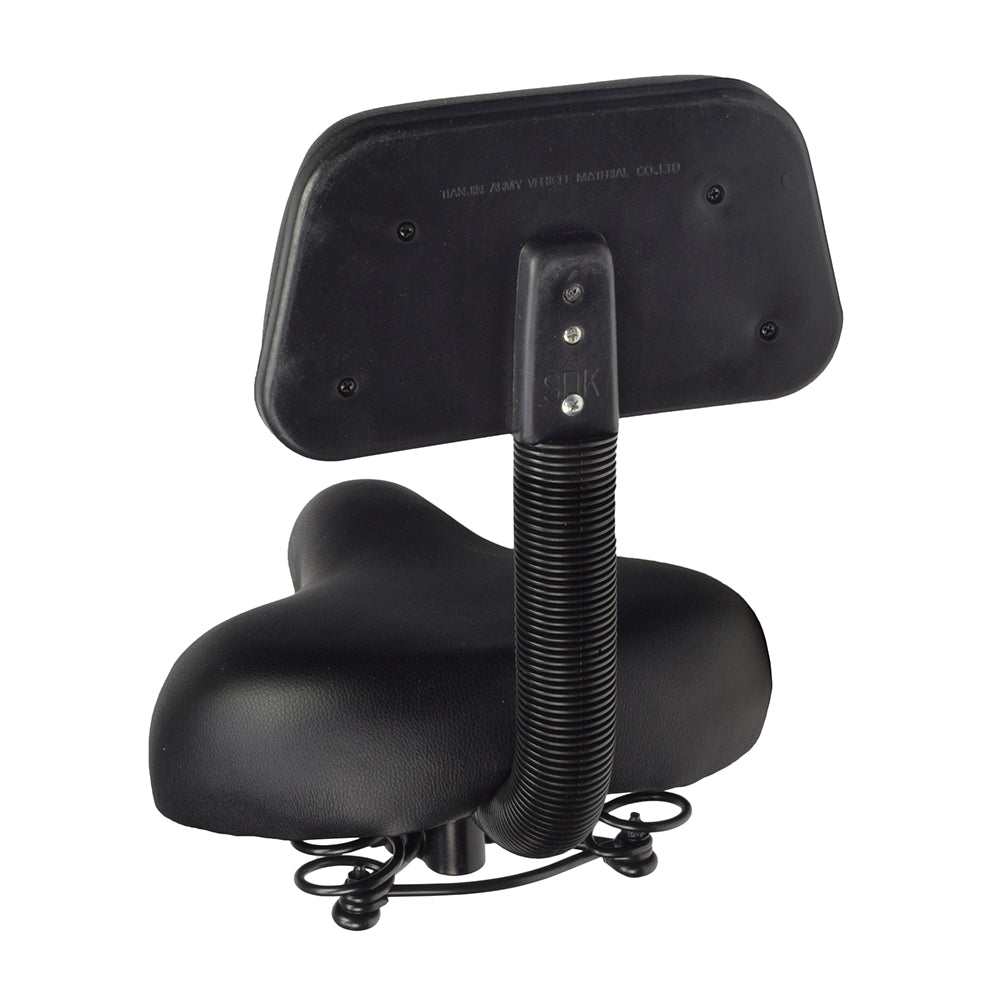 Comfort Bike Saddle Seat with Backrest (Blemished) showing a black vinyl seat with a minor dent, featuring a backrest and flexible tube attachment for enhanced support.