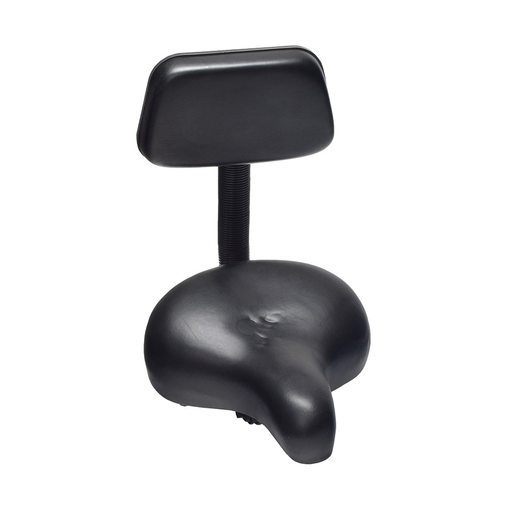 Comfort Bike Saddle Seat with Backrest (Blemished) featuring a black vinyl seat and backrest, showing a minor dent on the vinyl surface. Ideal for cruisers, trikes, or stationary bikes.