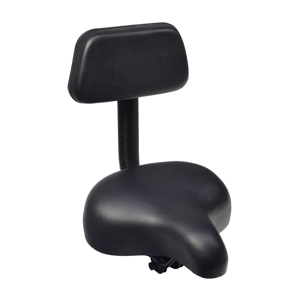 Comfort Bike Saddle Seat with Backrest (Deluxe) featuring a padded backrest and cushioned seat, designed for various bike types and equipped with dual shock-absorbing springs for enhanced comfort.