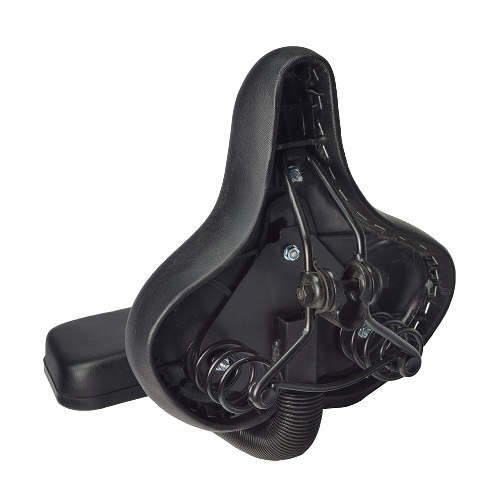 Comfort Bike Saddle Seat with Backrest (Deluxe) featuring dual shock-absorbing springs, padded backrest cushion, and a wide, cushioned seat for enhanced comfort. Suitable for various bicycles and exercise bikes.