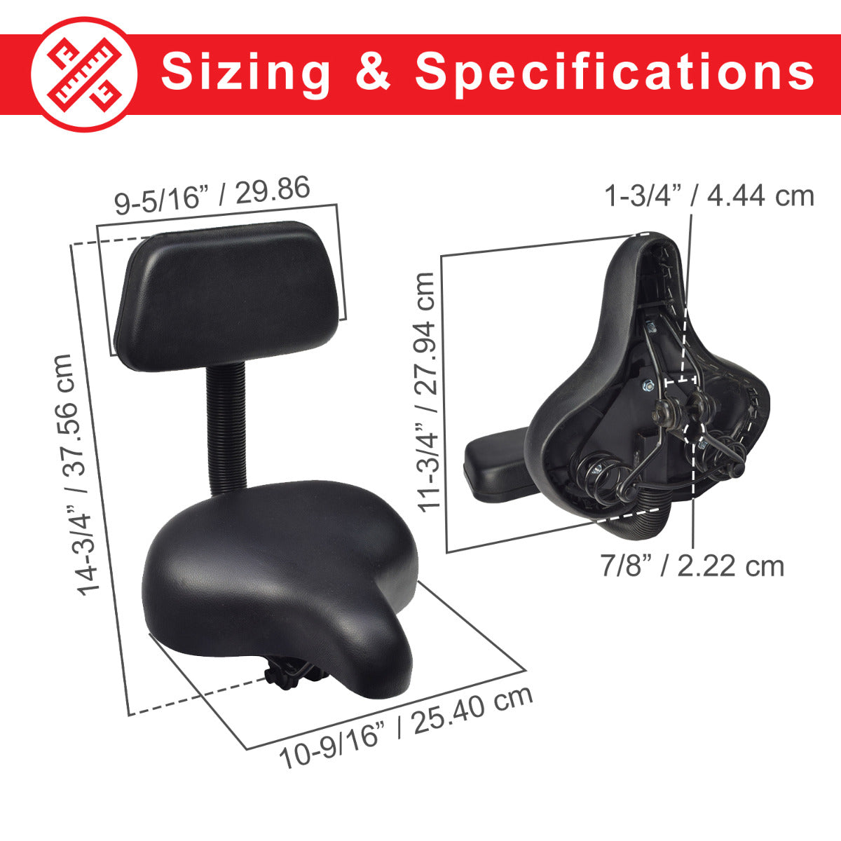 Comfort Bike Saddle Seat with Backrest (Deluxe) featuring a wide, cushioned seat, built-in padded backrest, and dual shock-absorbing springs for enhanced comfort and support.