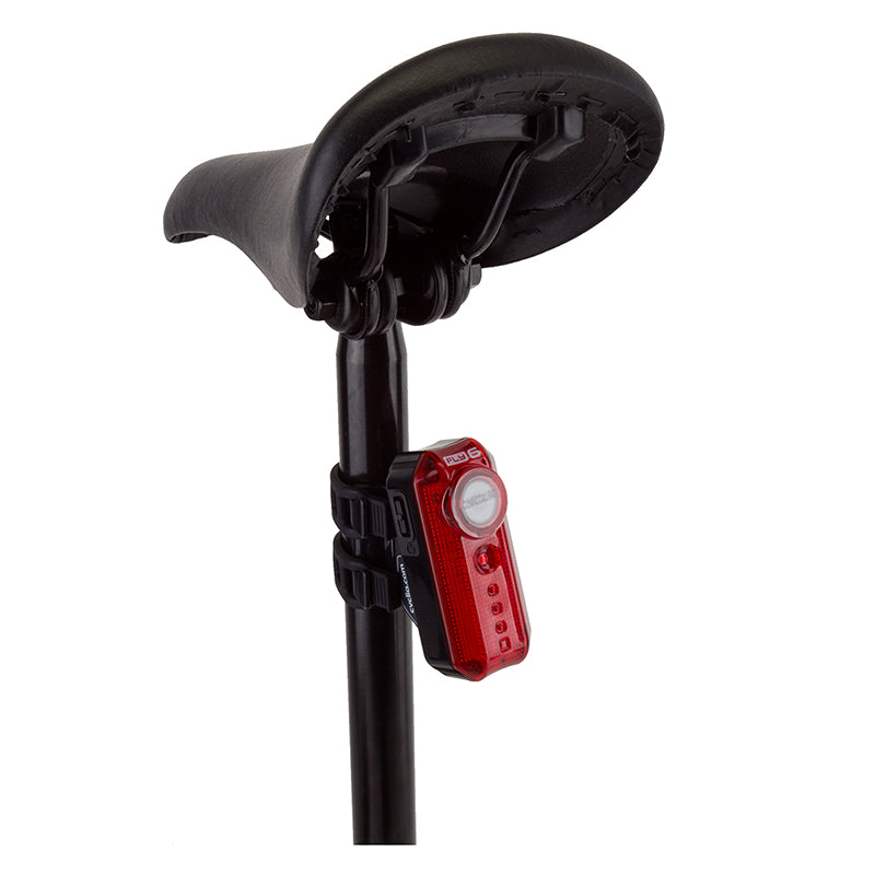 Fly6 Rear Camera for Bicycles (Cycliq) mounted on a bike seat, featuring a red taillight and compact camera designed for rear-view recording with HD video capability and weather-resistant technology.