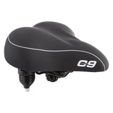 Cloud-9 C9 Cruiser Anatomic Bicycle Saddle featuring a black seat with white text, soft multi-stage foam padding, and traditional coil spring suspension for enhanced comfort and anatomic relief.