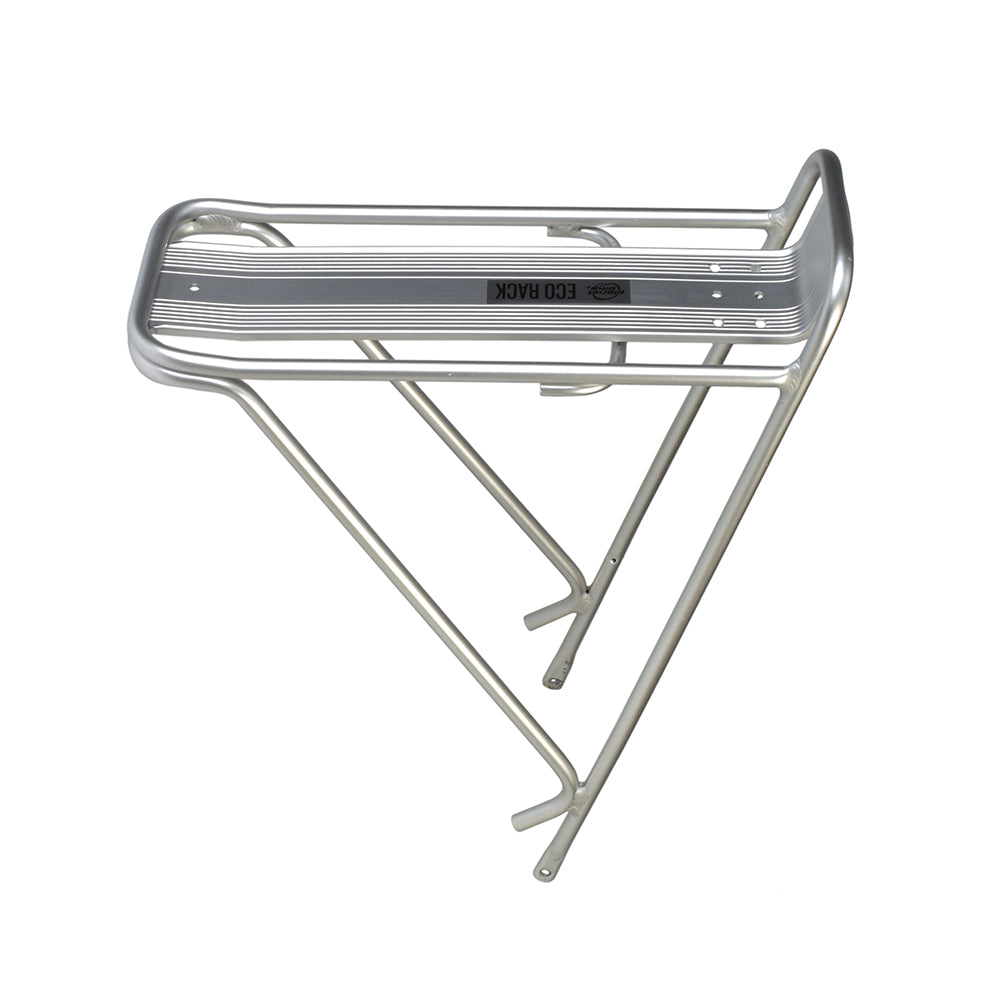 Silver Eco Rack (Planet Bike) made from tubular aluminum, features open side rails for heel clearance, and a black label. Suitable for most mountain, road, and hybrid bikes.