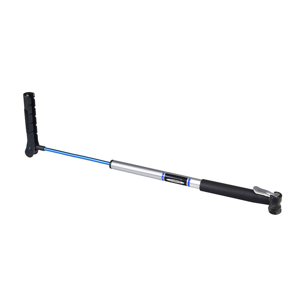 Park Tool PMP-5 Dial Adjust Frame Pump (Blemished) featuring a long handle and silver barrel, shown in a close-up view.