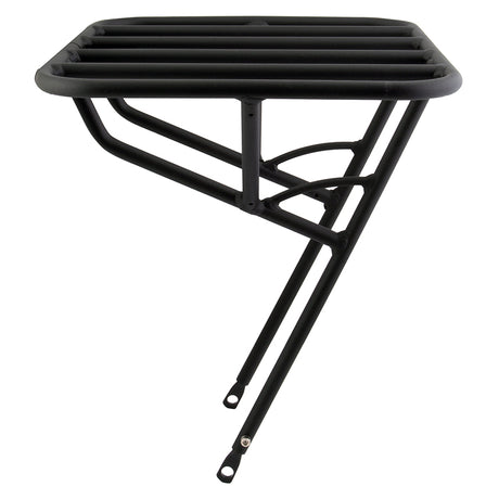 Rush Messenger Front Rack for Bikes, a black metal rack with two legs, designed for mounting over the front wheel, offering a durable AL6061-T6 alloy platform for carrying cargo on various bike frames.