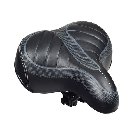 Deluxe Wide Cruiser Saddle Seat for Bikes & Scooters featuring a padded black vinyl surface, wide comfort shape, shallow anatomical relief, springs, and genuine stitched construction, ideal for both bikes and scooters.