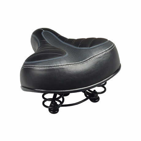 Deluxe Wide Cruiser Saddle Seat for Bikes & Scooters featuring a padded black vinyl surface, wide comfort shape, shallow anatomical relief, springs, and genuine stitched construction. Ideal for replacing worn-out bike seats.