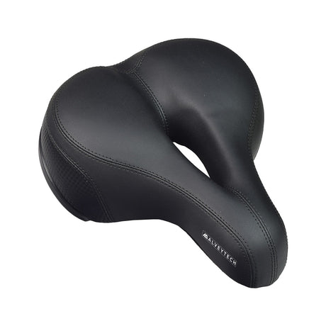 Wide Cruiser Saddle Seat with Anatomic Relief for Bicycles, Electric Bikes, & Scooters, featuring soft padding, traditional coil spring suspension, and a universal clamp for versatile bike and scooter compatibility.