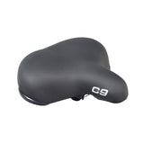 Cloud-9 Support XL Saddle/Seat: Black bicycle seat with white text, featuring dual coil suspension, plush multi-stage foam, and durable scuff-resistant corner guards for enhanced comfort and stability on cruisers.